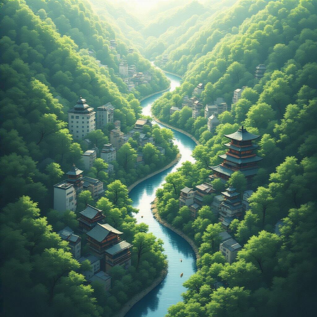 Top-Down River View in Minimalist Style