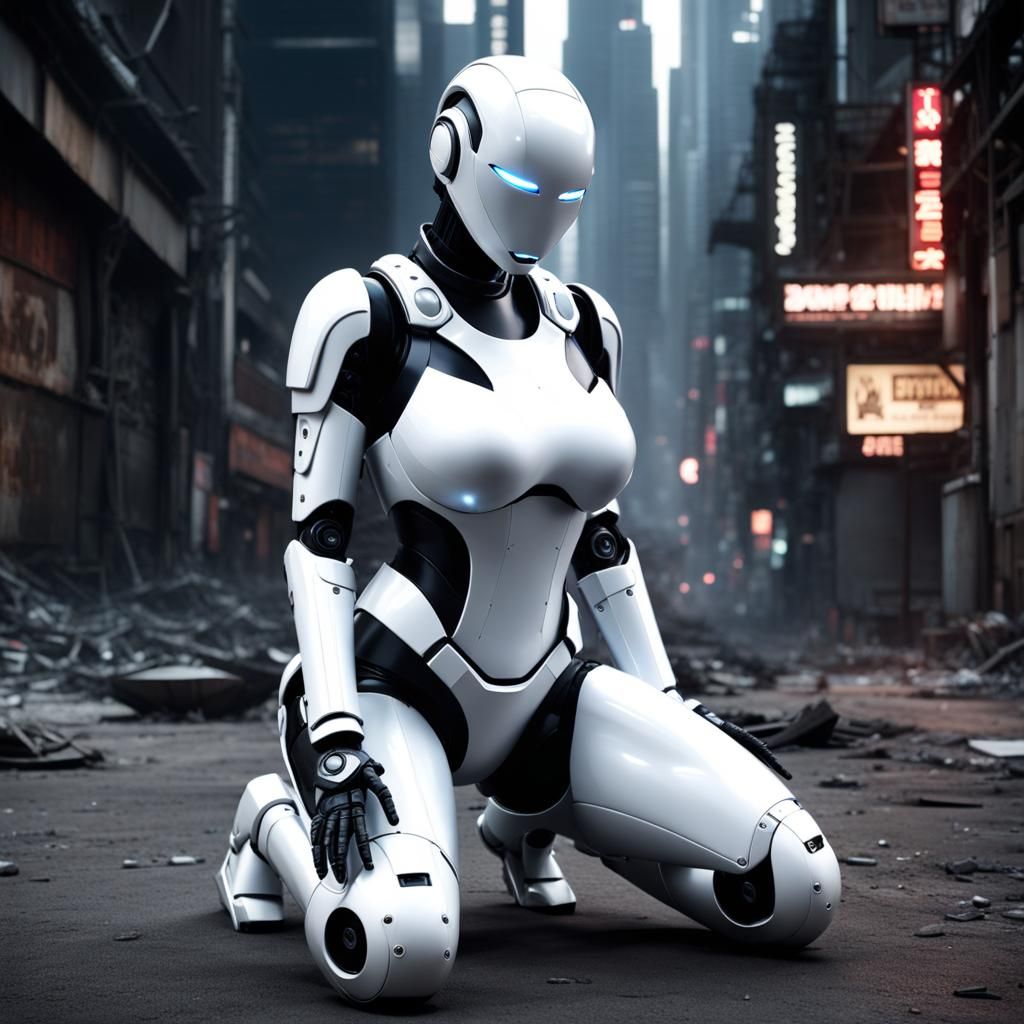 Cyberpunk Robot Kneeling in Apocalyptic Cityscape