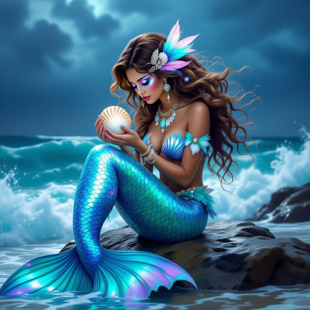 Fantasy Mermaid with Seashell, Fantasy Illustration