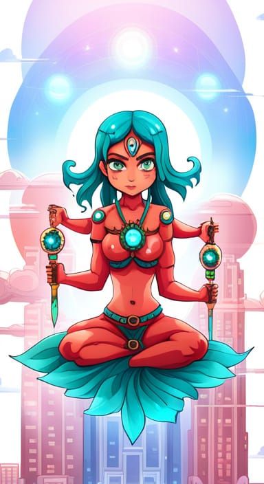 Chibi Hindu Goddess Over Futuristic City: Anime Art