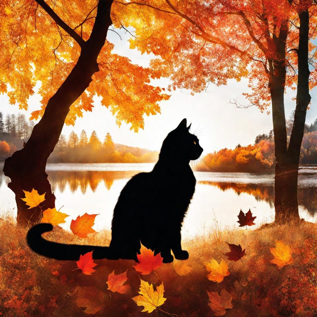 Autumn Cat Silhouette in Double Exposure
