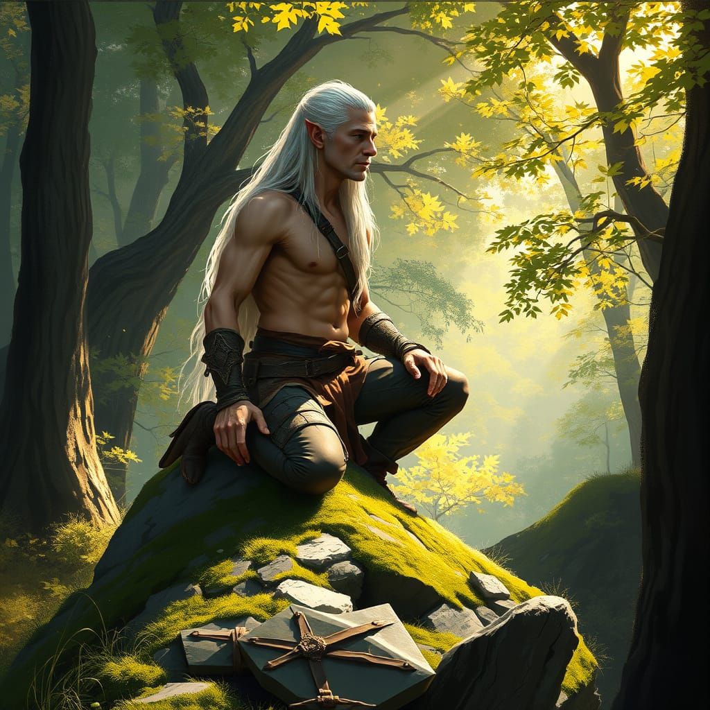 Elven Warrior in Sun-Drenched Forest, Digital Painting