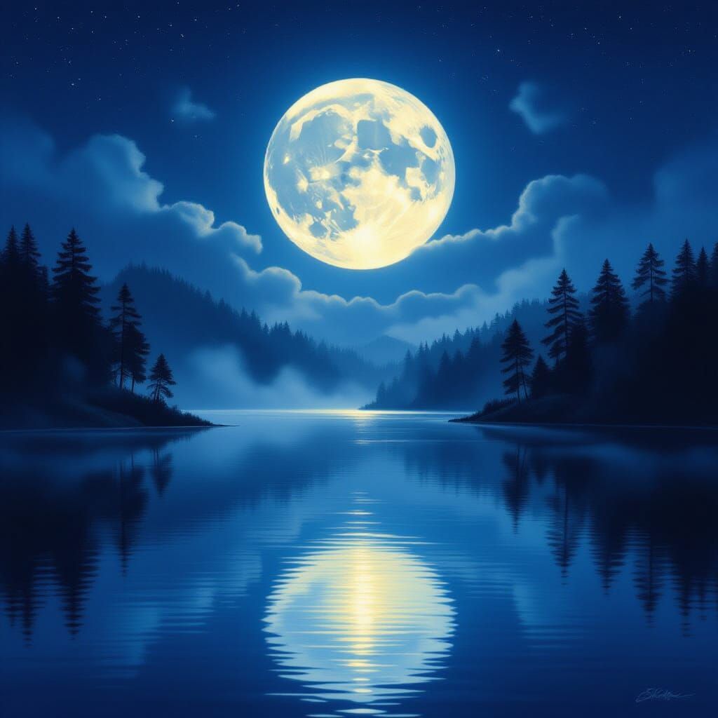 Moonlit Lake with Misty Trees, Bierstadt & Friedrich Inspire...