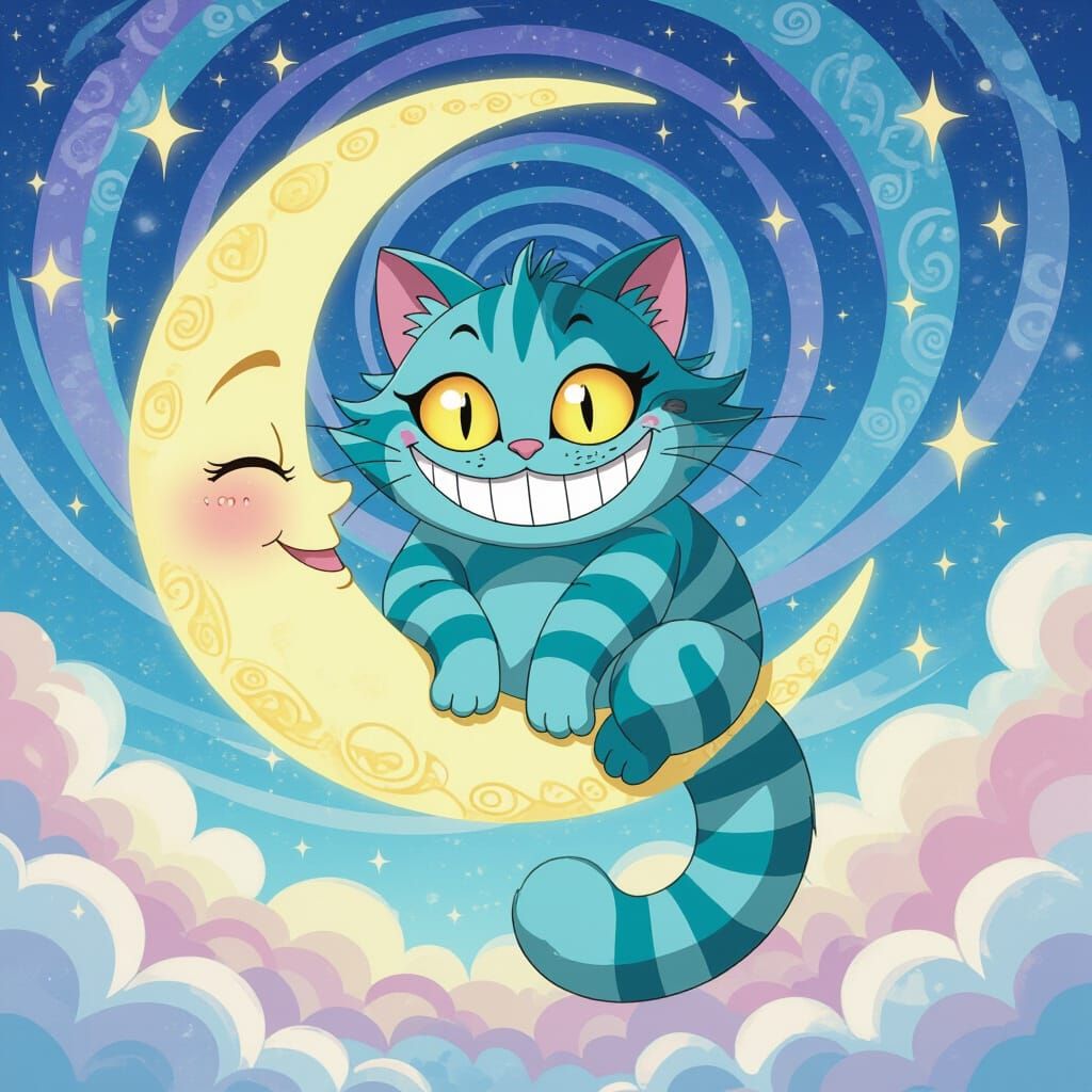 Mischievous Cheshire Cat Grins on Crescent Moon in Anime Sty...