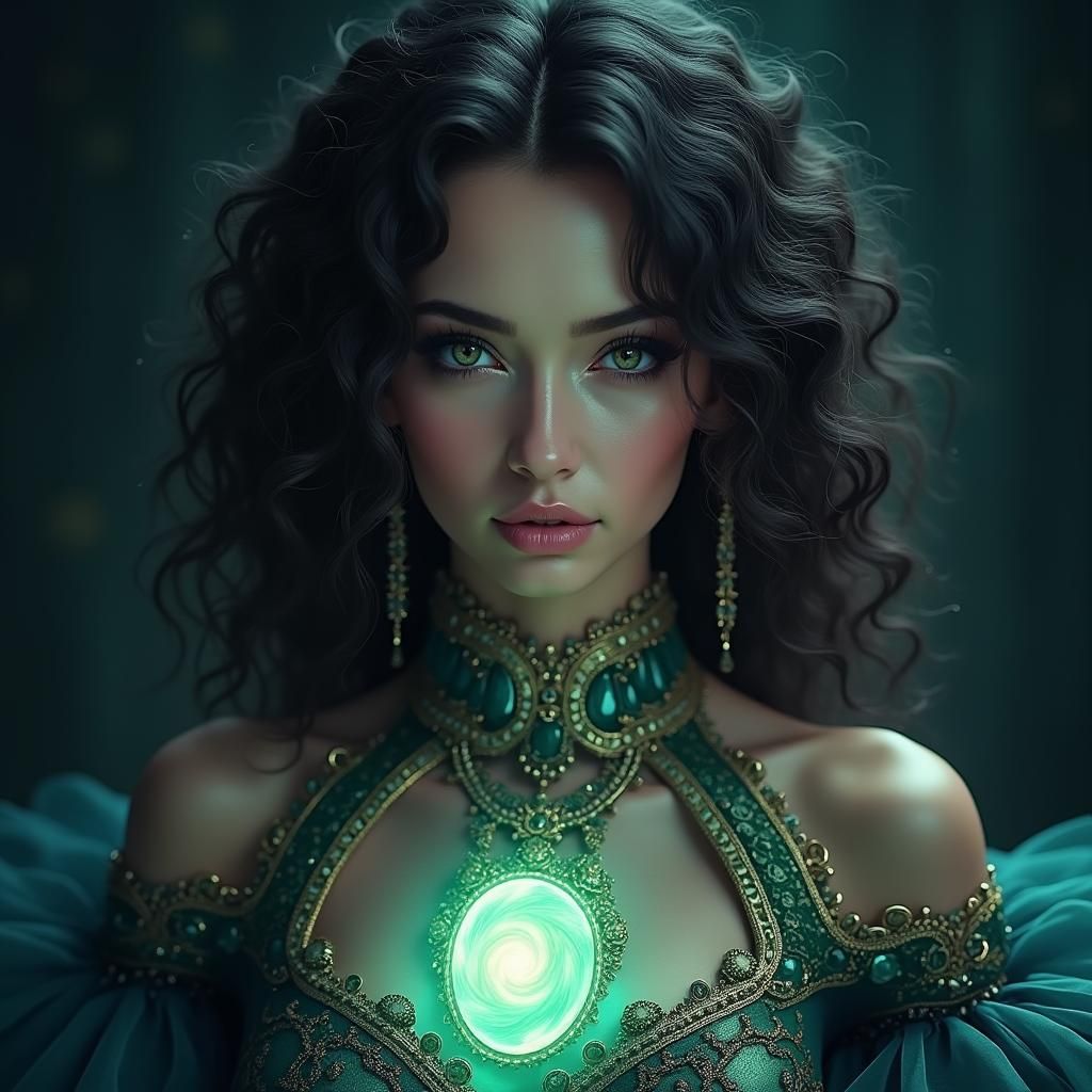 Woman with Emerald Eyes and Dreamlike Portal