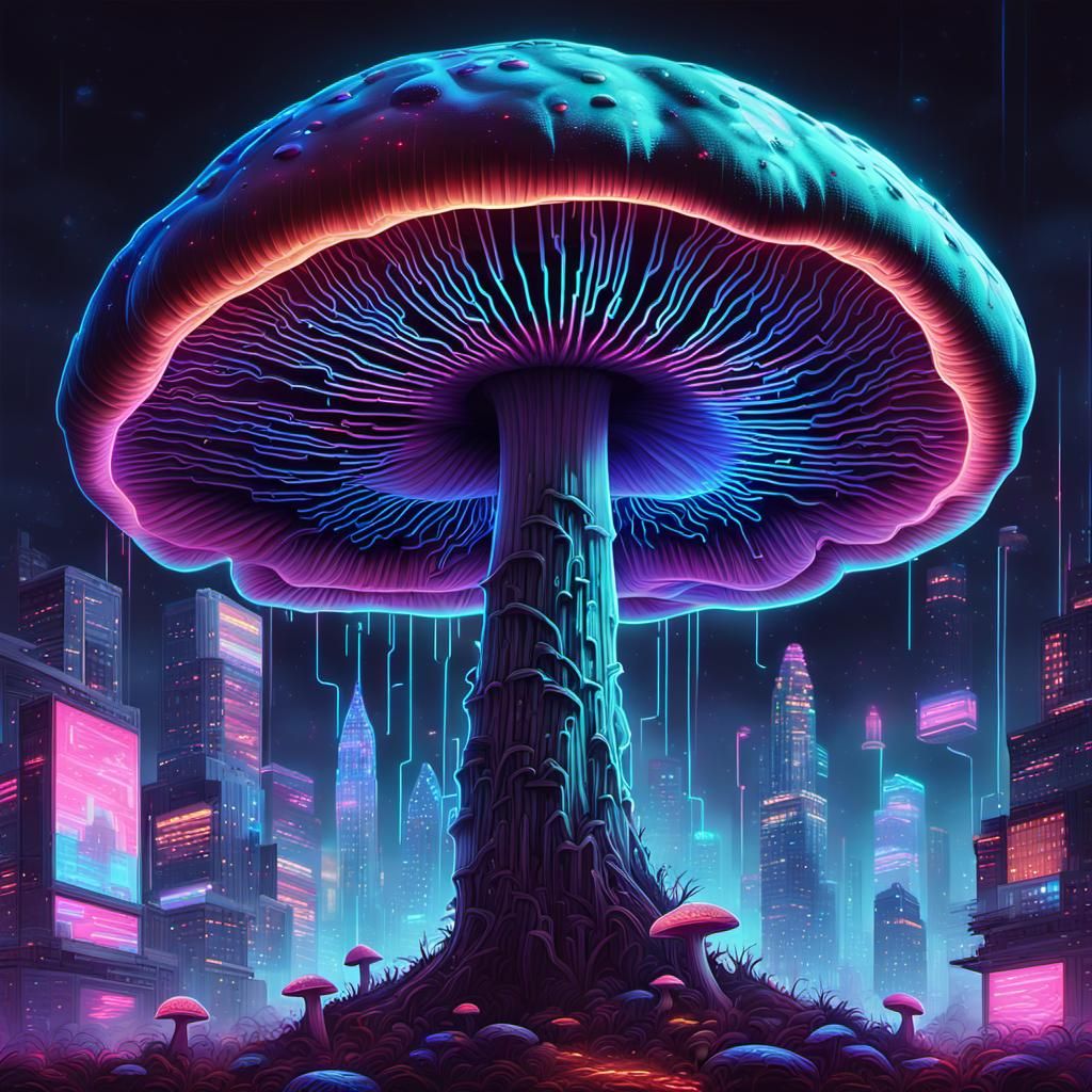 Pixelated Mushroom in Neon Cyberpunk World