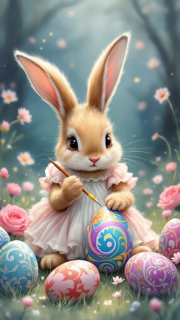 Whimsical Easter Bunny in a Dress Painted Eggs with a Brush ...