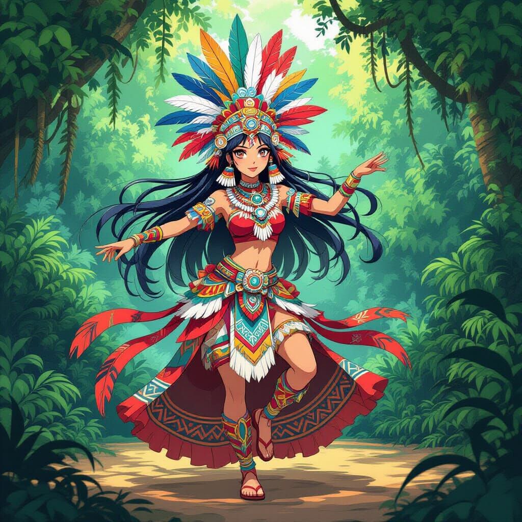 Aztec Lady's Kagura Dance in Anime Style