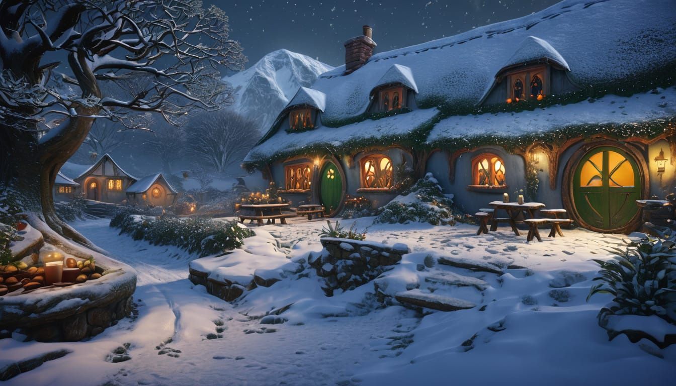 Festive Christmas Scene in Snowy Hobbiton Cottage