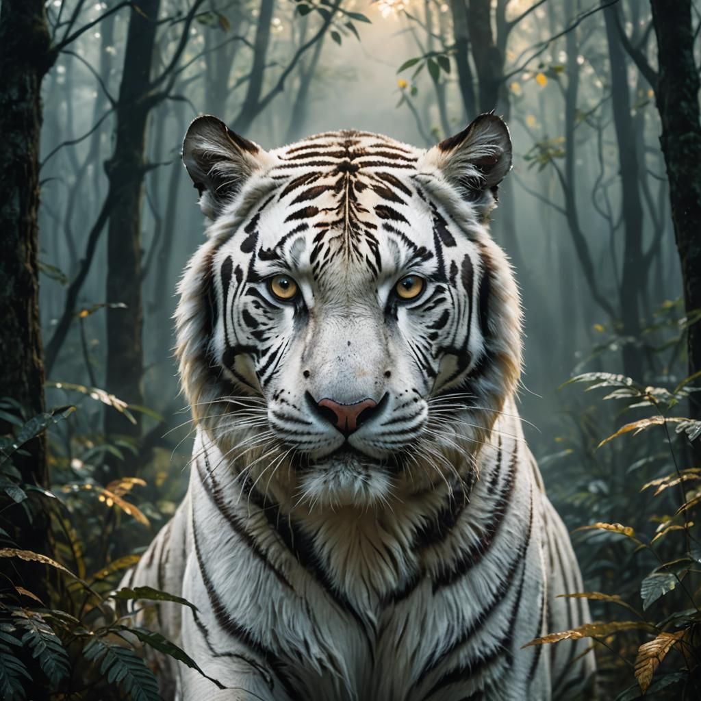 White Tiger Face in Misty Forest, Oil Painting