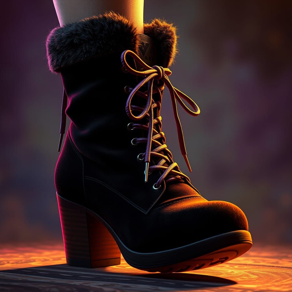 Luxurious Black Velvet Boot with Velvet Laces and Thick Heel