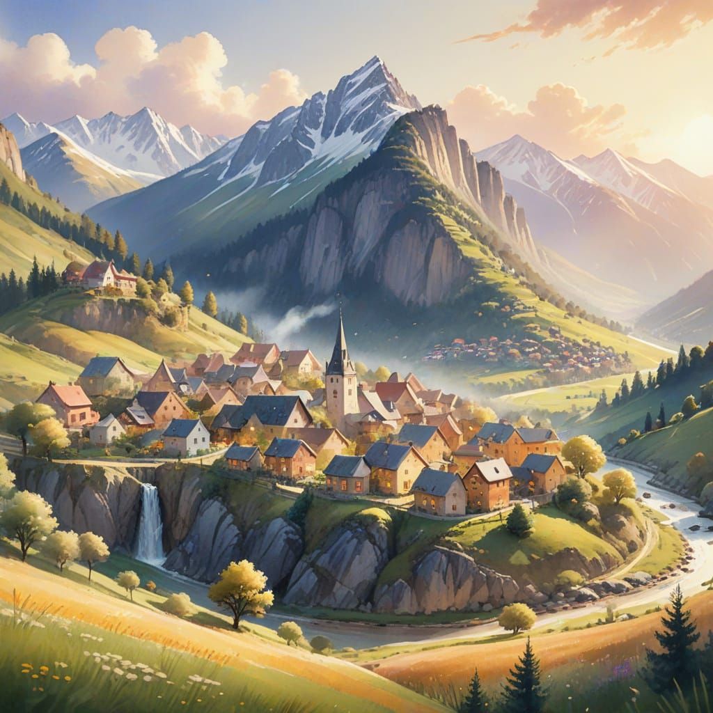Watercolor Village in Mountain Valley Illustration