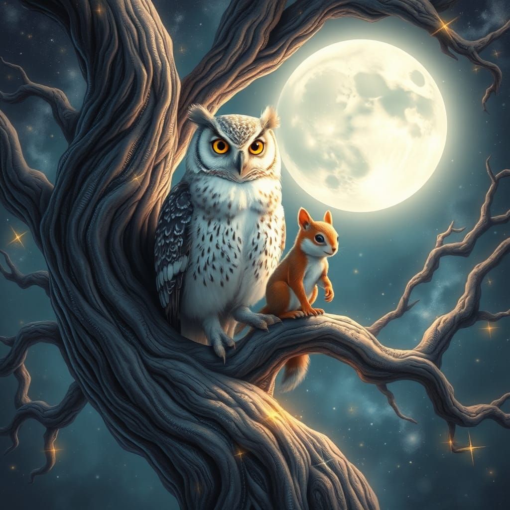 Squirrel and Owl in Astral Cosmic Illustration