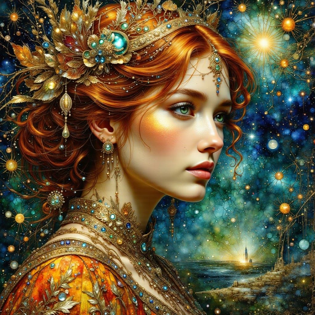 Art Nouveau Woman with Starry Night, in Mucha Style