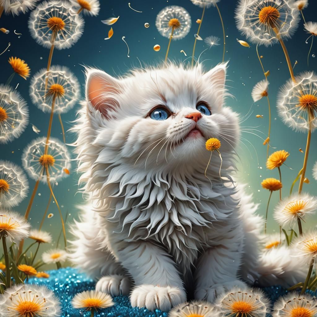 Cute Kitten Blowing Magical Dandelion in 3D