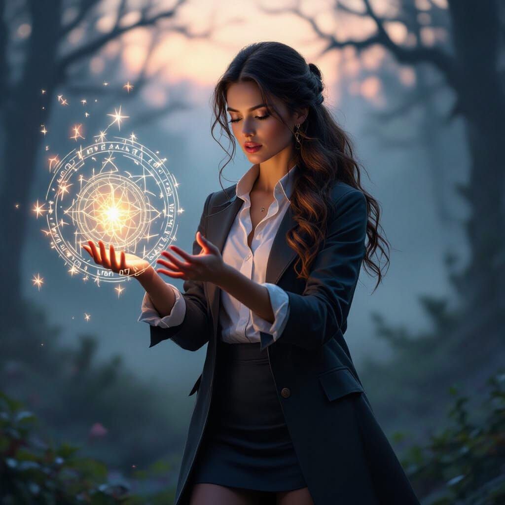 Mystical Woman Casting Spell in Foggy Forest