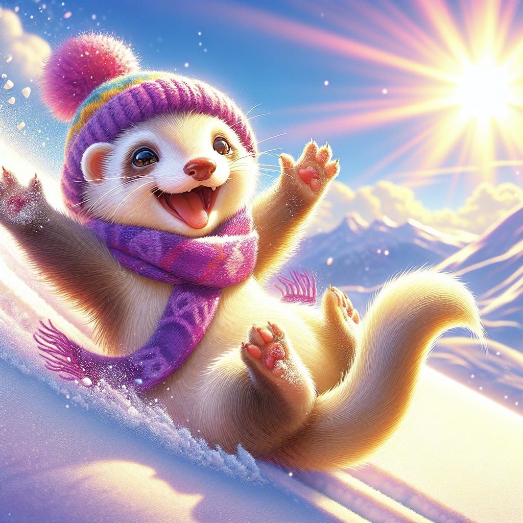 Ferret in Joyful Snowy Descent in Vibrant Fantasy