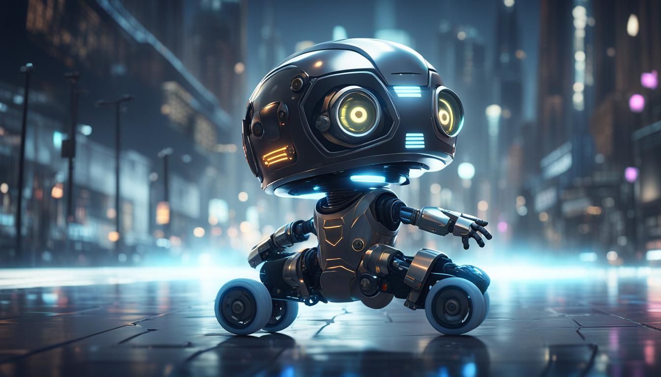Chibi Robot on Roller Skates in Futuristic City
