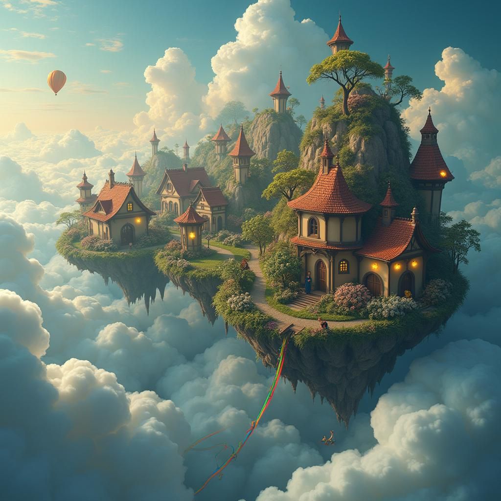 Magical Village in the Clouds: Hyperrealistic Dreamscape