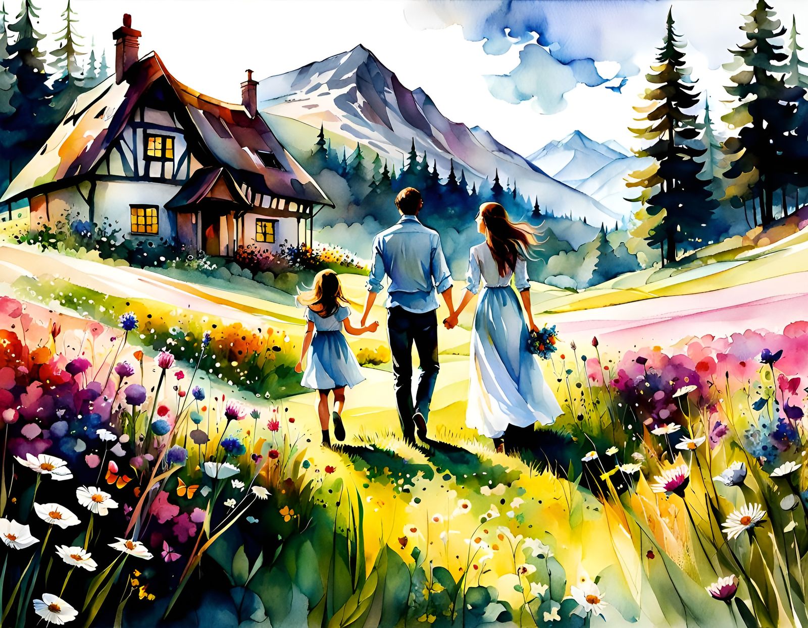 Family Stroll in Flower Meadow: Watercolor Illustration
