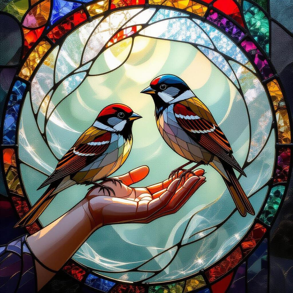 Stained Glass Hand Holding Sparrow in Hyperrealistic Style