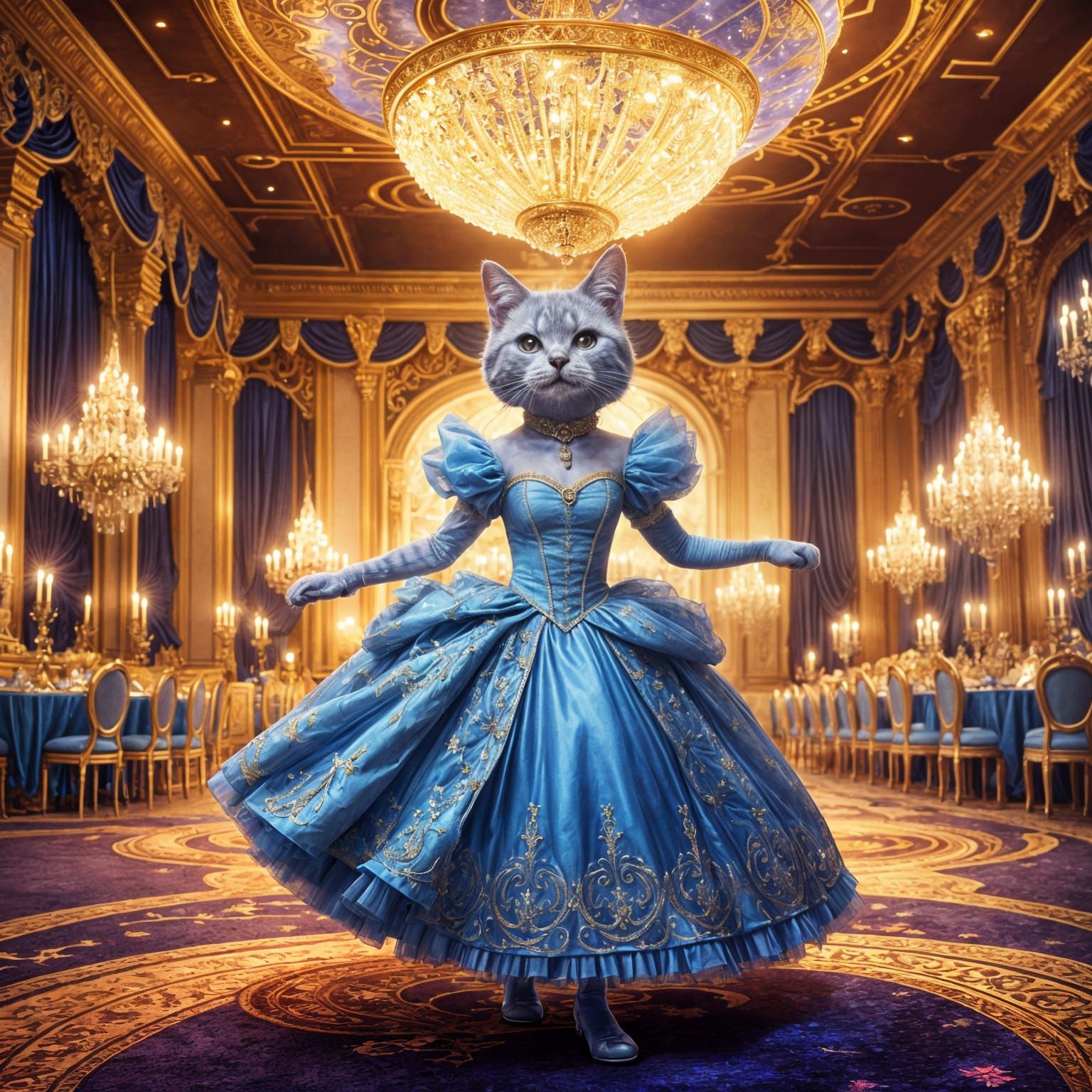Cat as Cinderella in Fantastical Ballroom Art