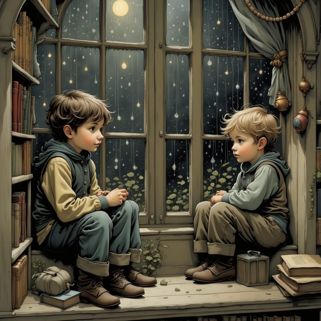 Whimsical Siblings Gaze Out at Rainy Day in Cozy Storybook R...