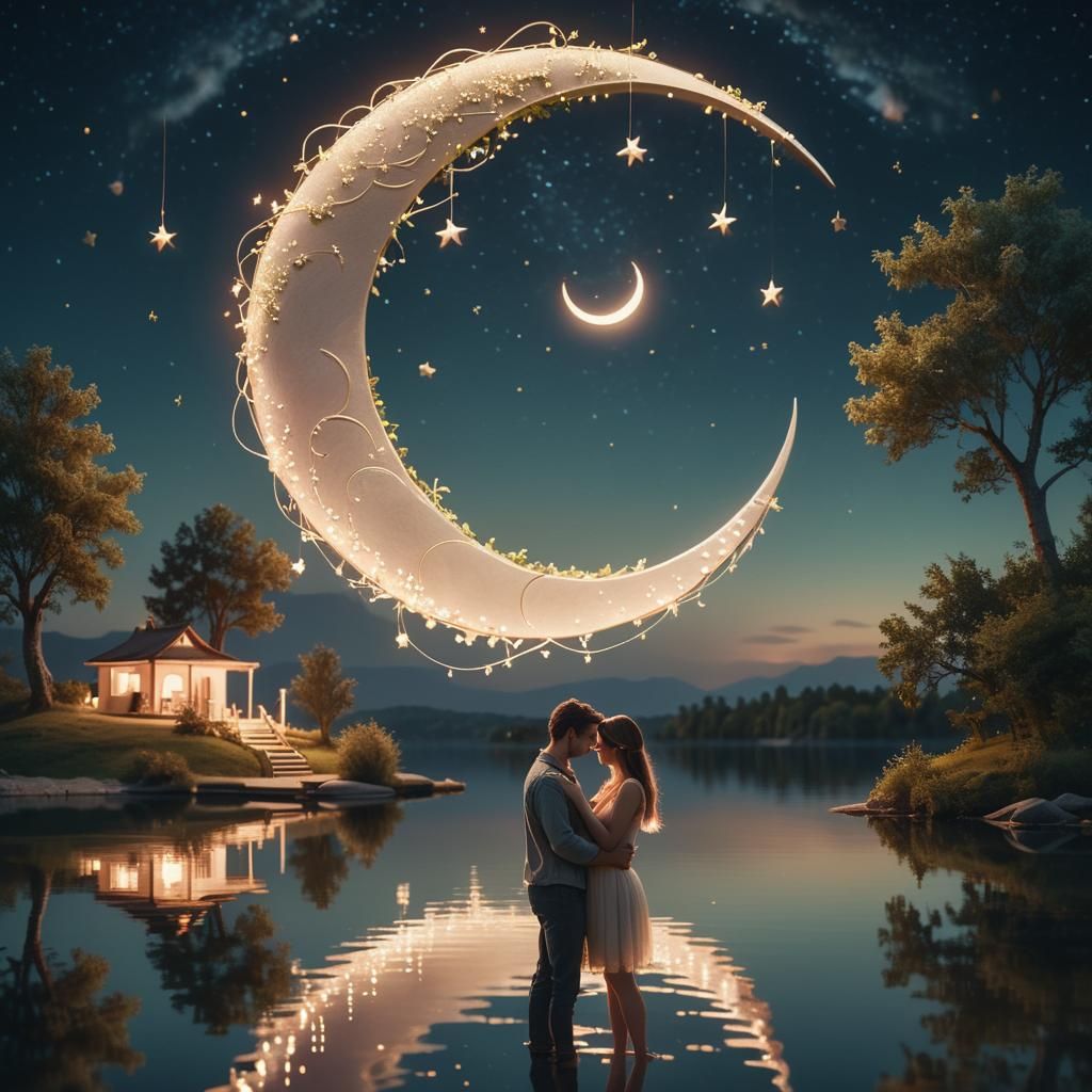 Romantic Couple Under a Starry Crescent Moon
