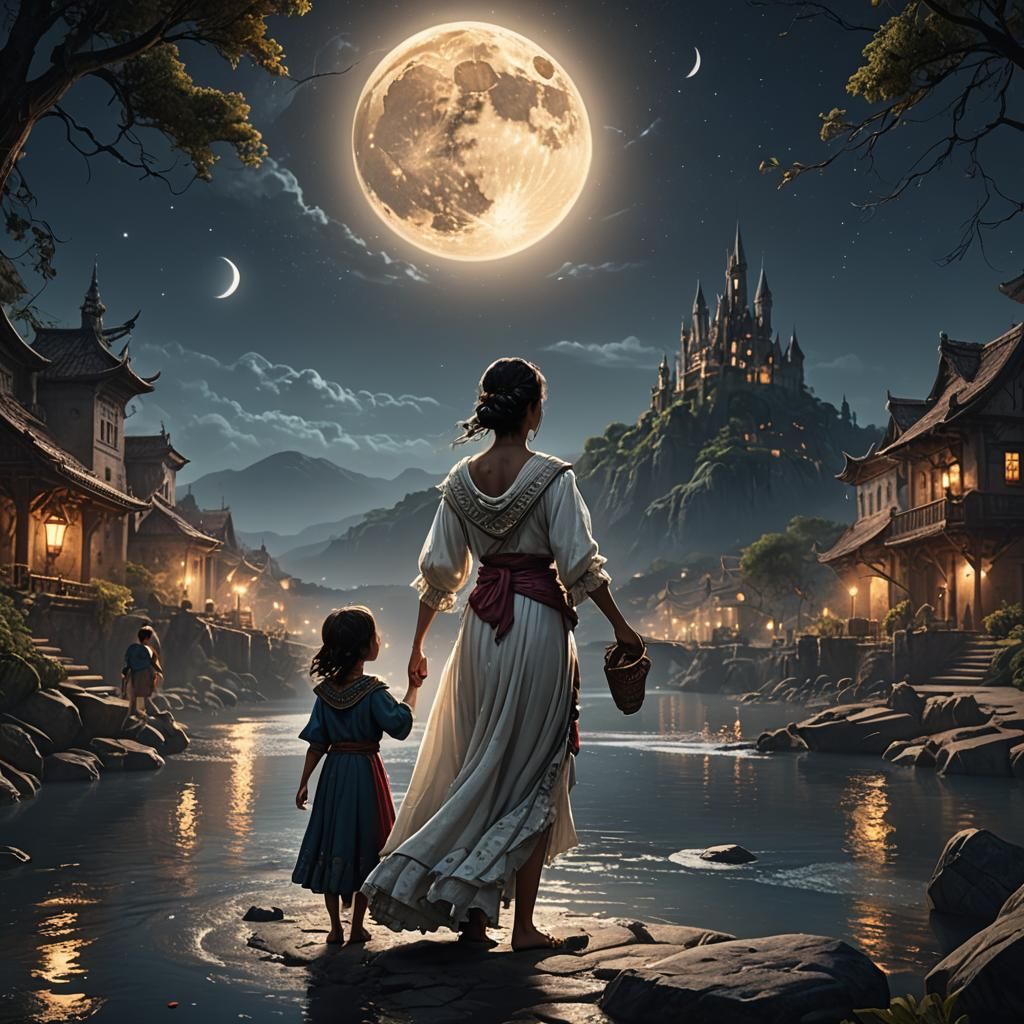 Moonlit Woman by River: Detailed Matte Painting