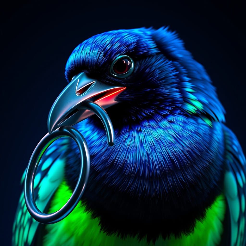 Magpie with Electric Blue and Green Neon Ring