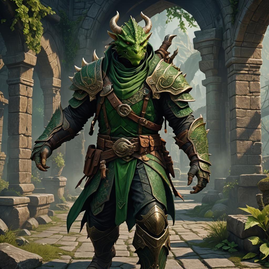 Green Dragonborn Rogue Thief: Detailed Fantasy Art