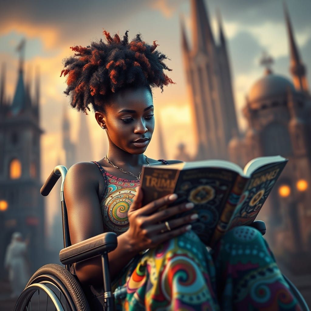 African Woman in Wheelchair Reads Thriller amidst Vibrant Ci...