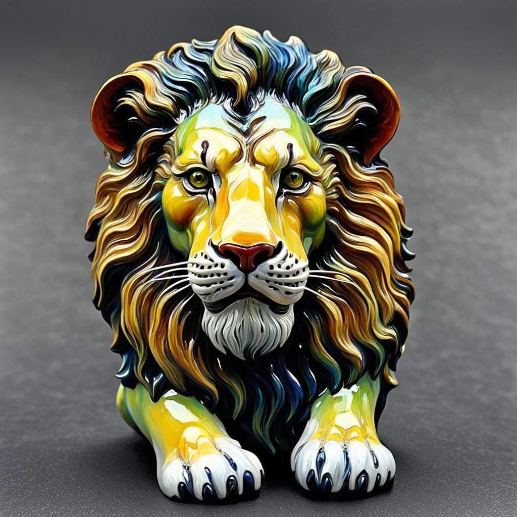 Enameled Glass Lion Figurine, Oil Painting Style