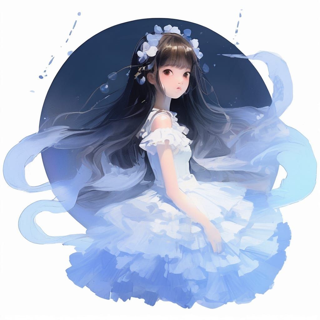 Anime Girl in Petticoats Dress with Gestural Brushstrokes
