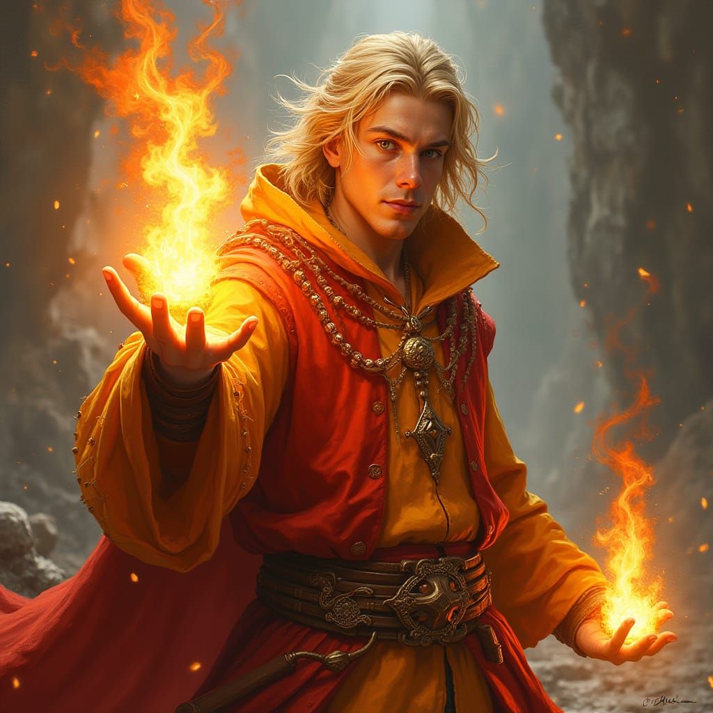 Fiery Wizard Casting a Fireball in Fantasy Art Style