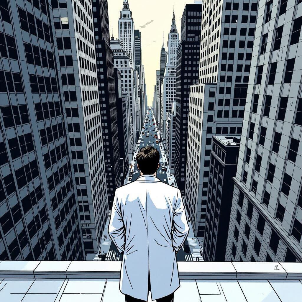 Solitary Man Overlooks Wall Street in Graphic Novel Style
