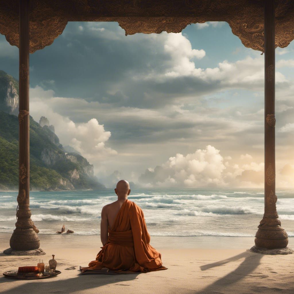 Monk Sunbathing on a Beach: Digital Matte Painting