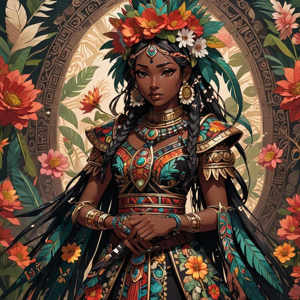 Anime Girl with Obsidian Sword in Mayan Style