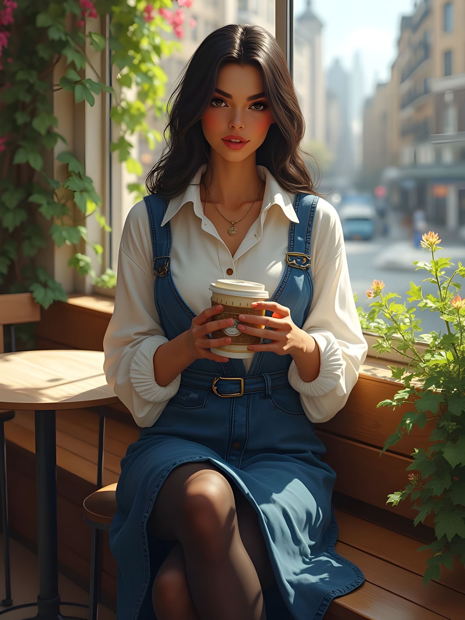 Stylish Woman with Coffee in Romantic Impressionism Style