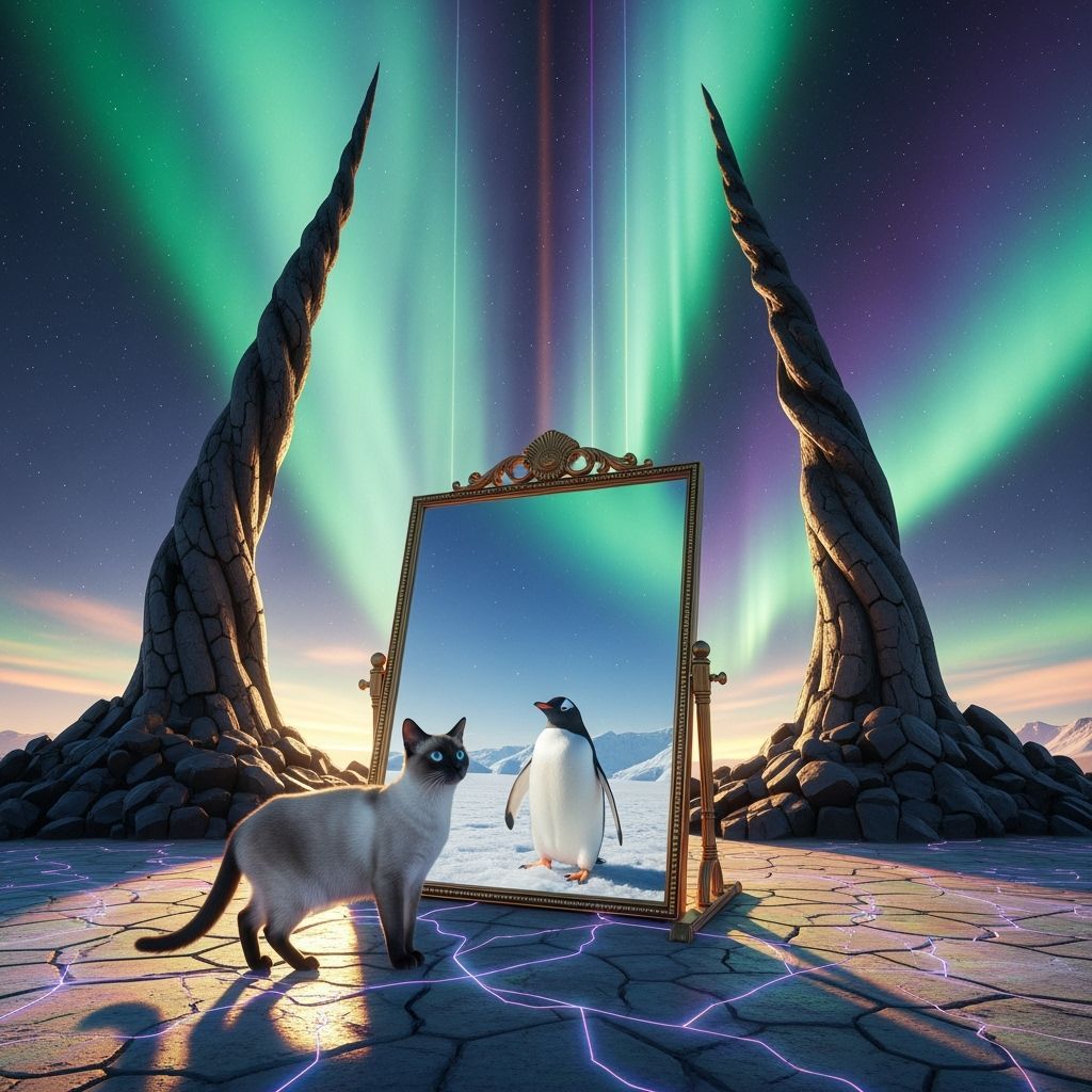 Surreal Aurora Landscape with Cat and Mirrored Penguin