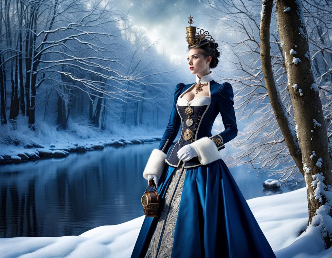 Steampunk Princess Walking Winter Riverbank
