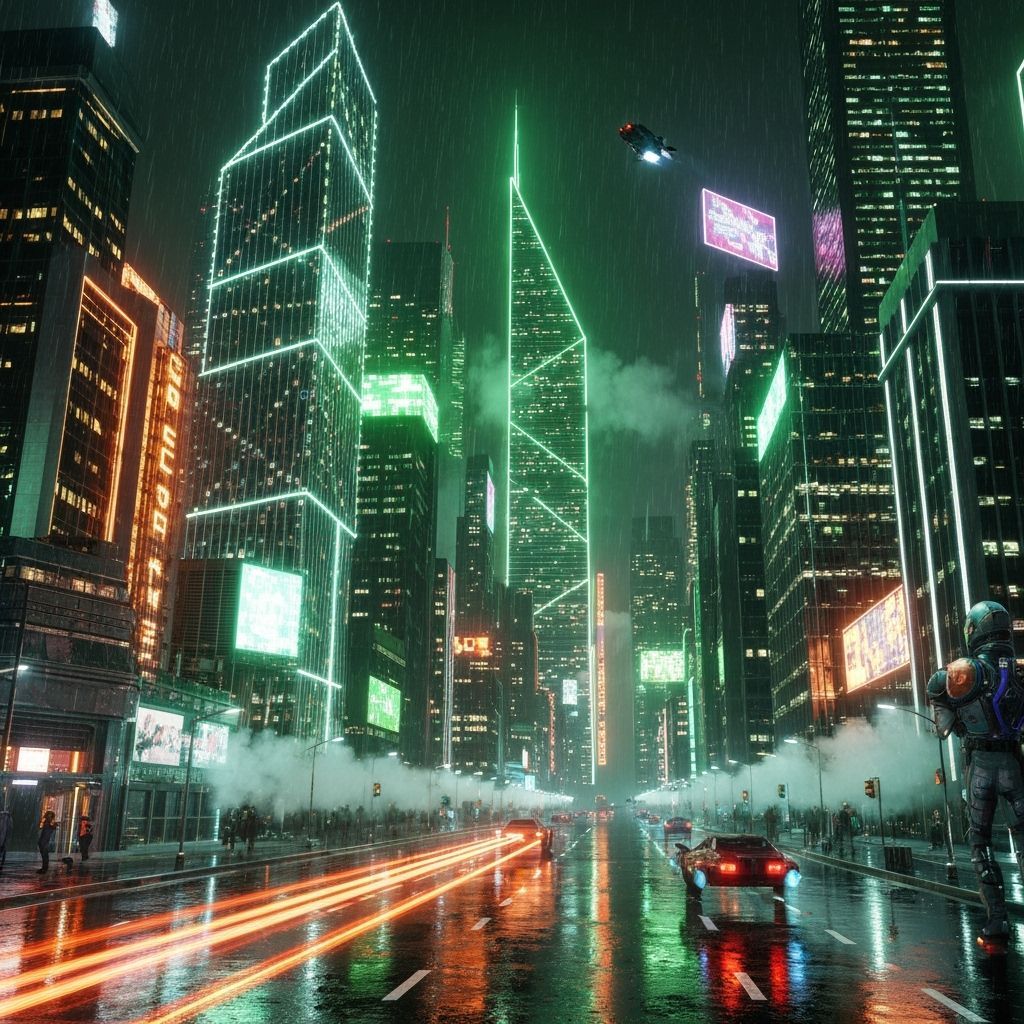 Retro-Futuristic Cityscape at Night in Cyberpunk Style