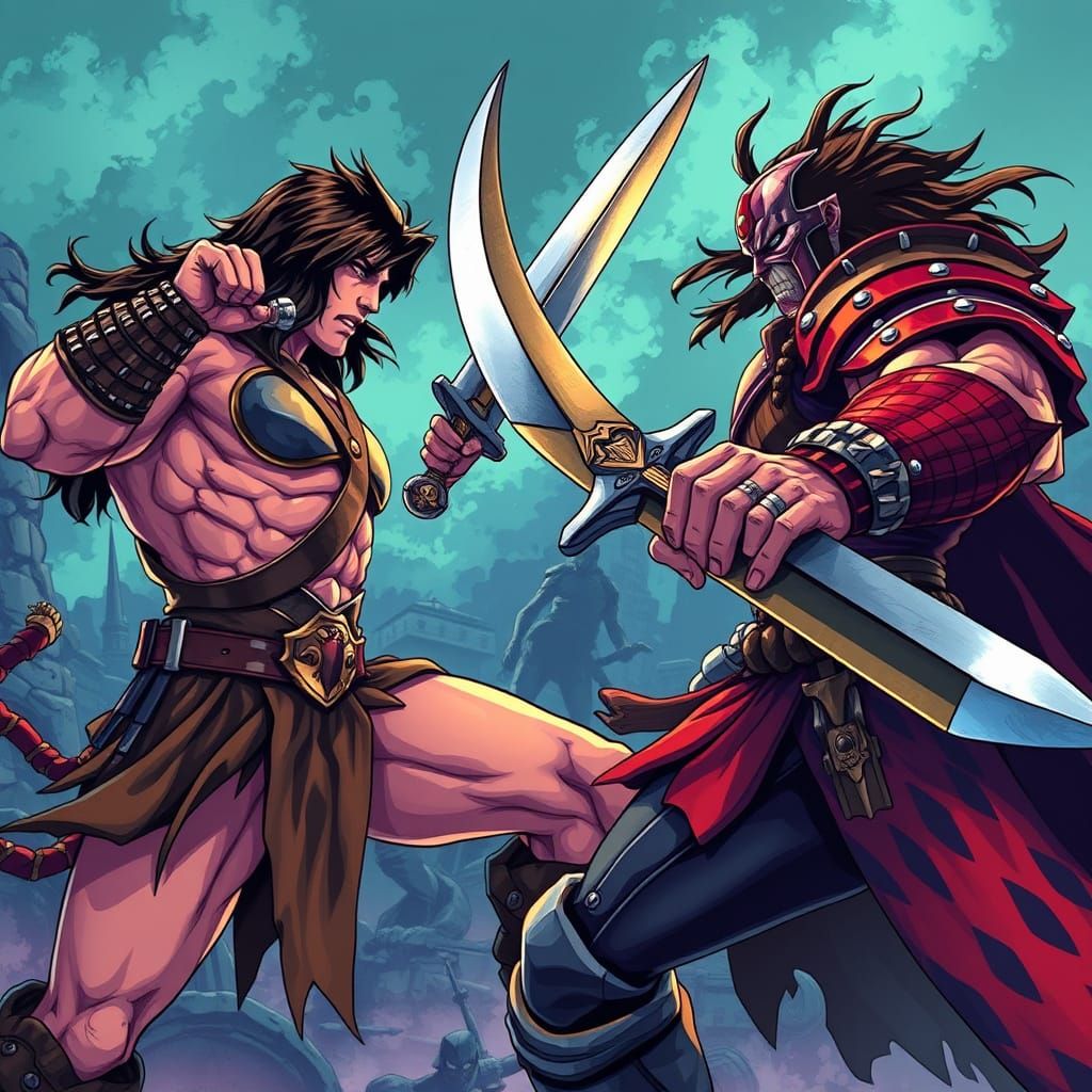 Conan Battles Guts in a Vibrant, Anime-Inspired Duel