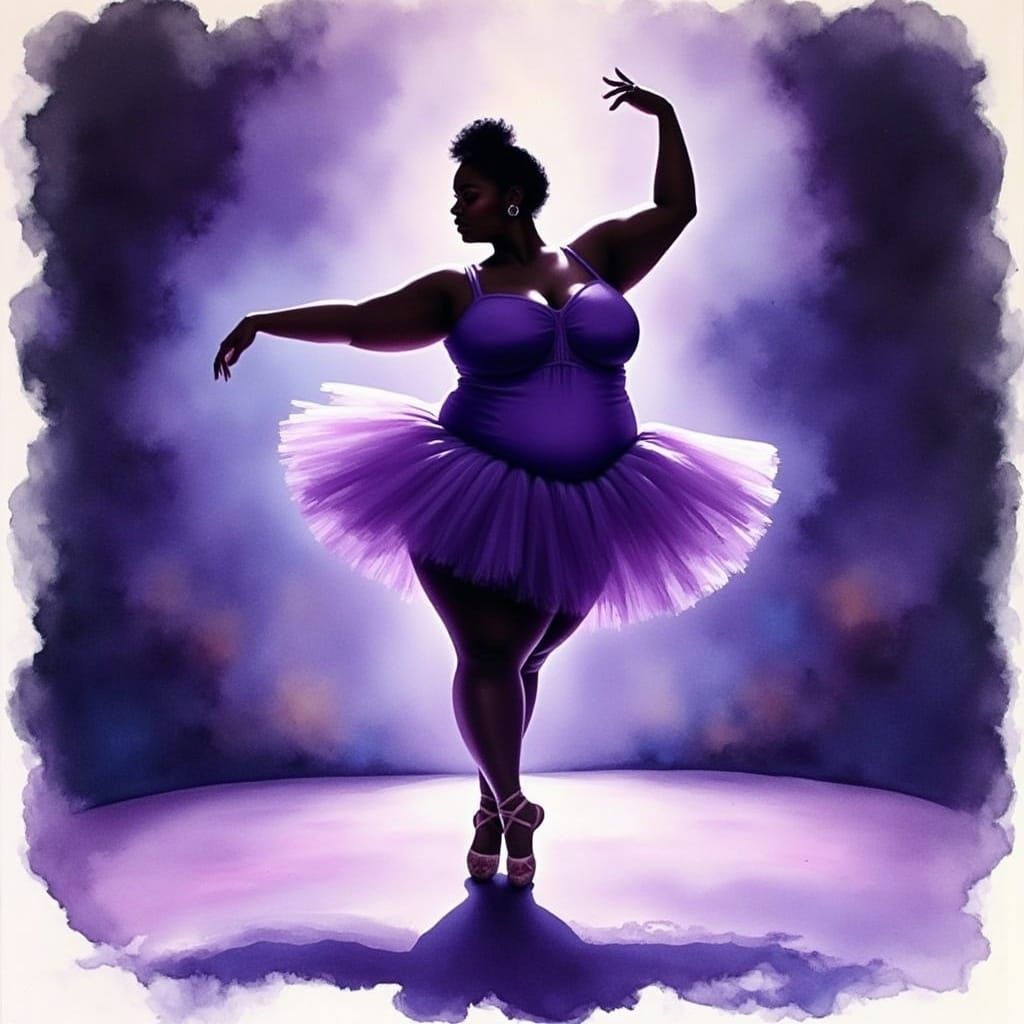 Obese Ballerina Silhouette Dancing on Stage in Watercolor