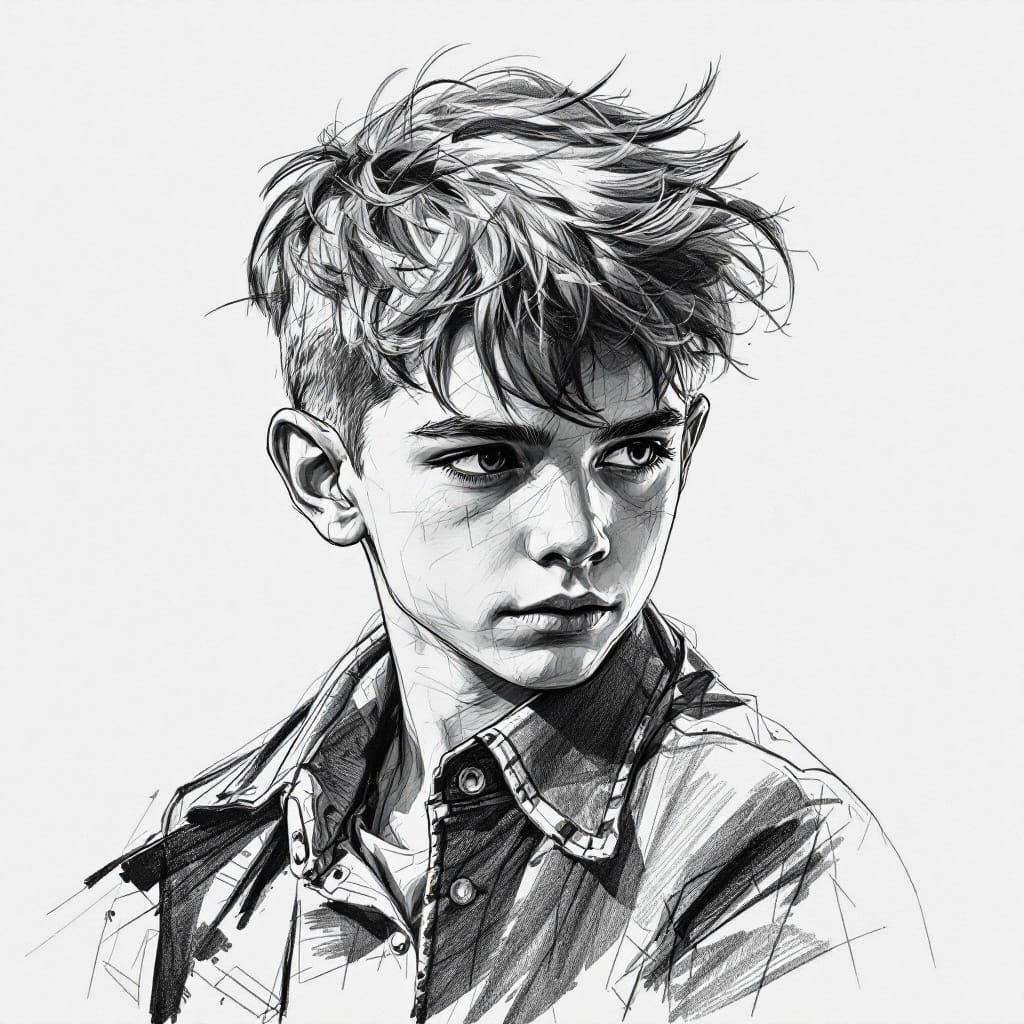 Solemn Young Boy in Simple Charcoal Drawing