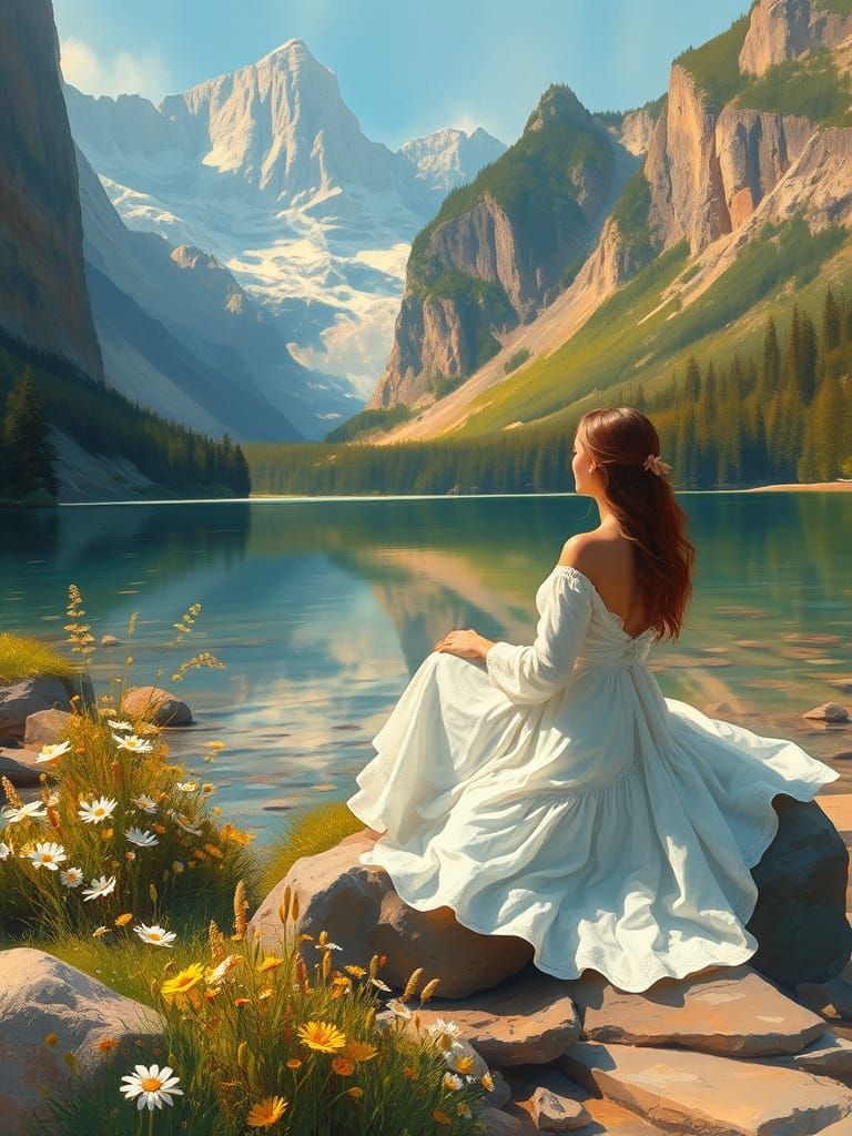 Serene Woman in a Flowing White Dress Amidst Majestic Mounta...