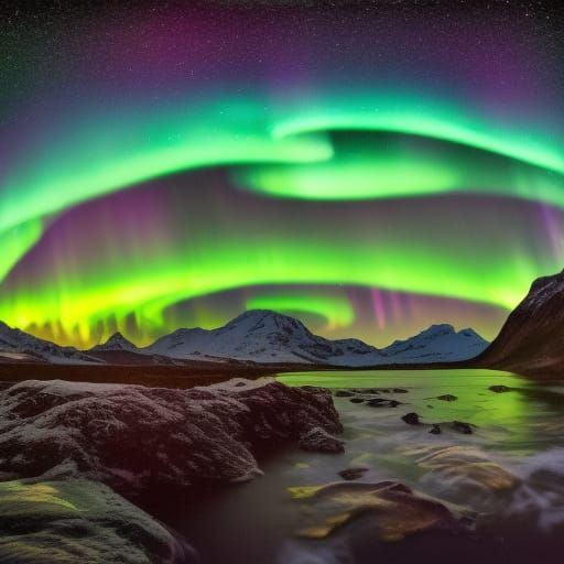 Hyperrealistic Aurora Borealis Between Mountains at Night
