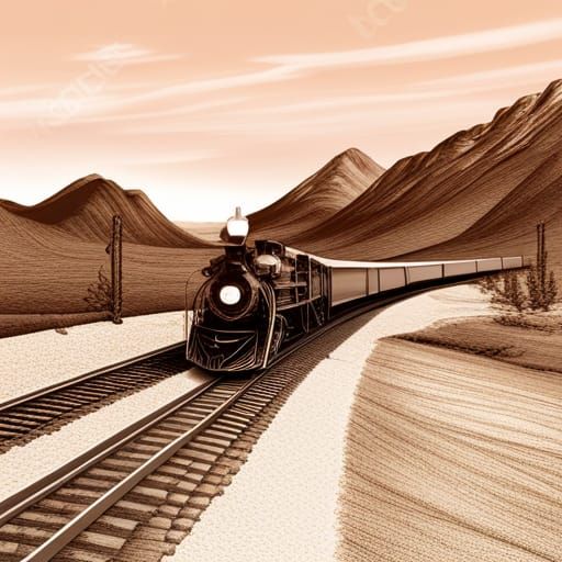 Detailed Engraving of a Western Train in Desert