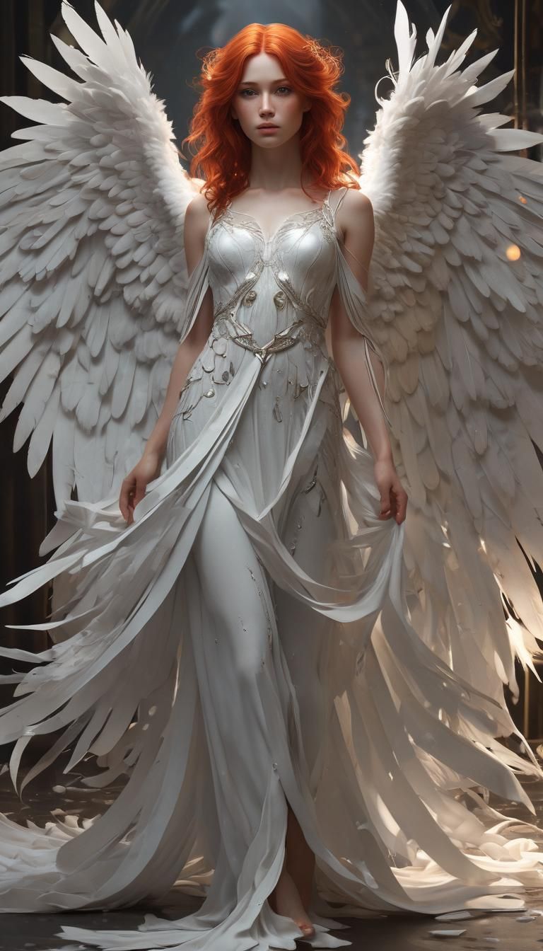 Ethereal Red-Haired Angel with White Wings