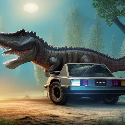 Dinosaur Delorean Time Machine: Detailed Matte Painting